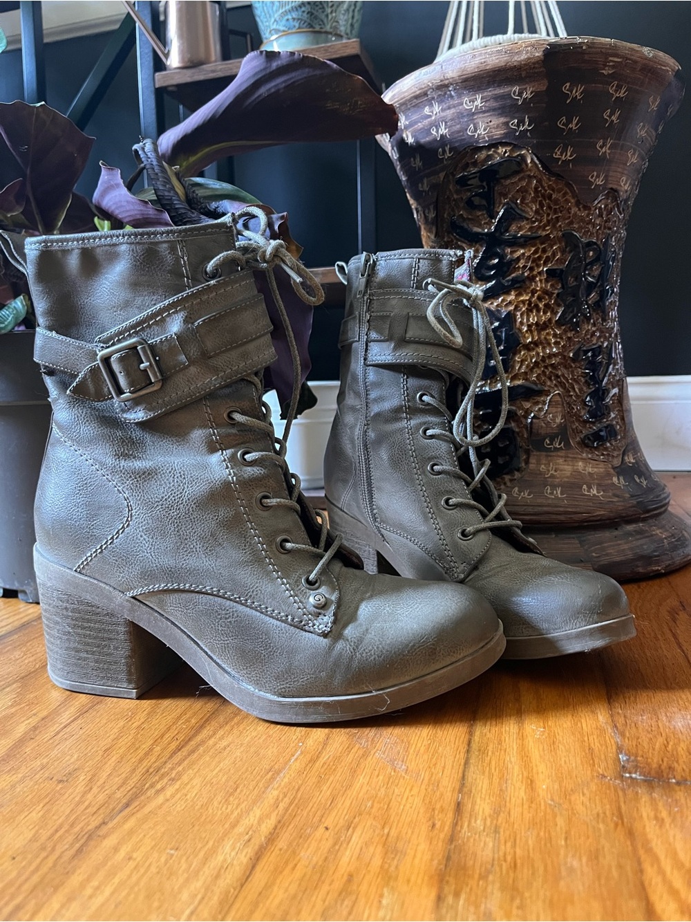 Guess Olive Green Lace-Up Ankle Boots with Buckle Strap